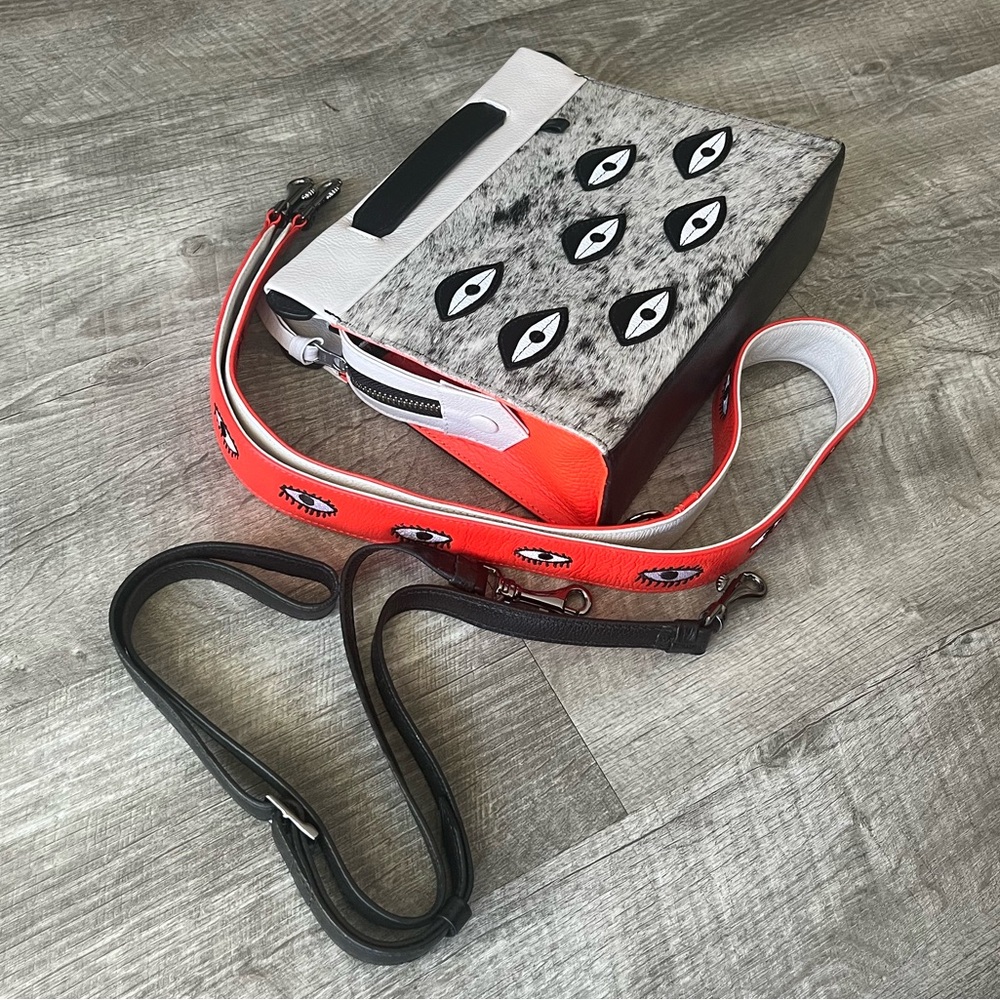 Min & Mon Vali Red/Orange Black White Cowhide All Over Eyes Bag EUC and Strap